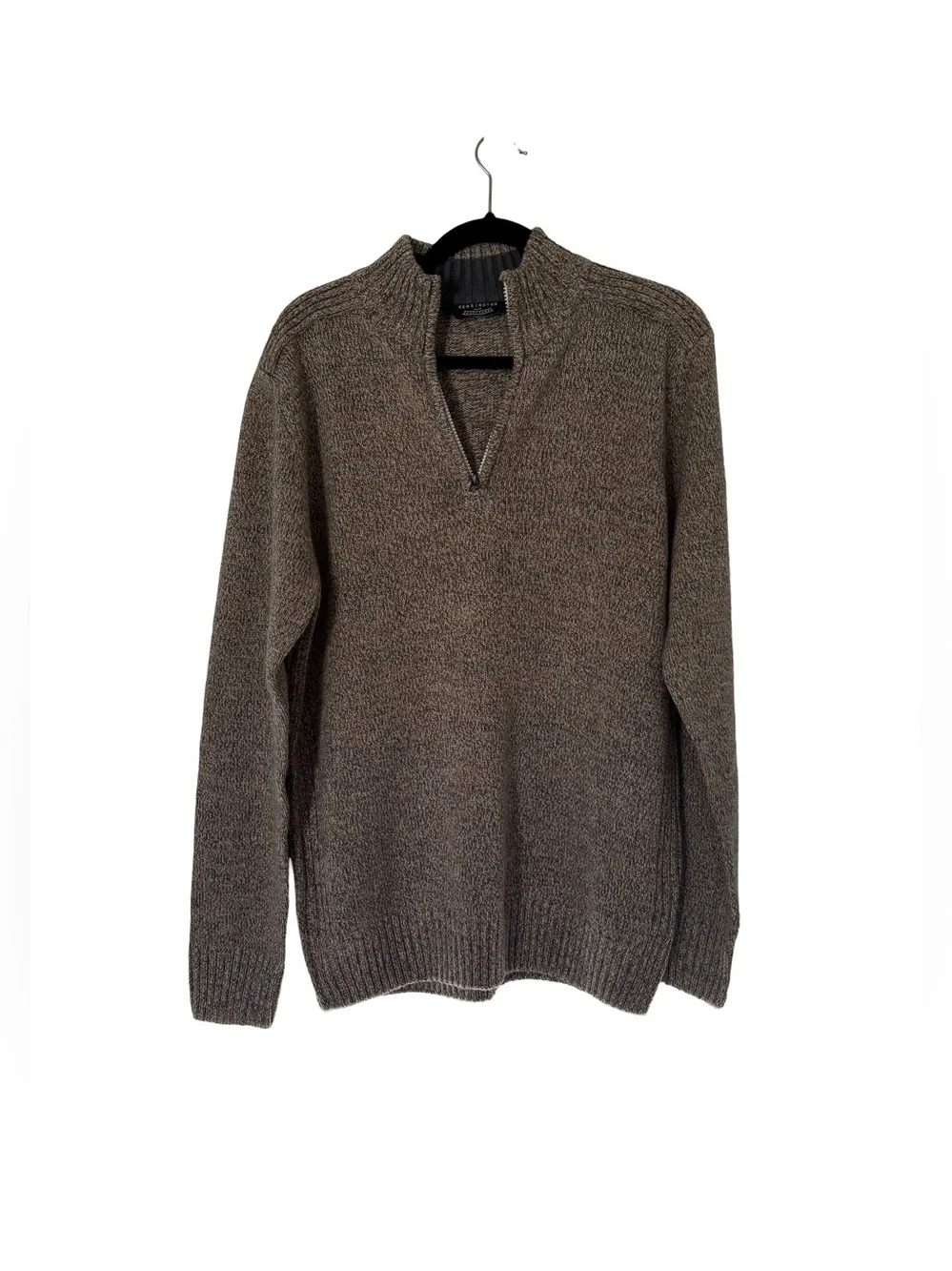 Men's Brown Half-Zip Ribbed Mock-Neck Sweater